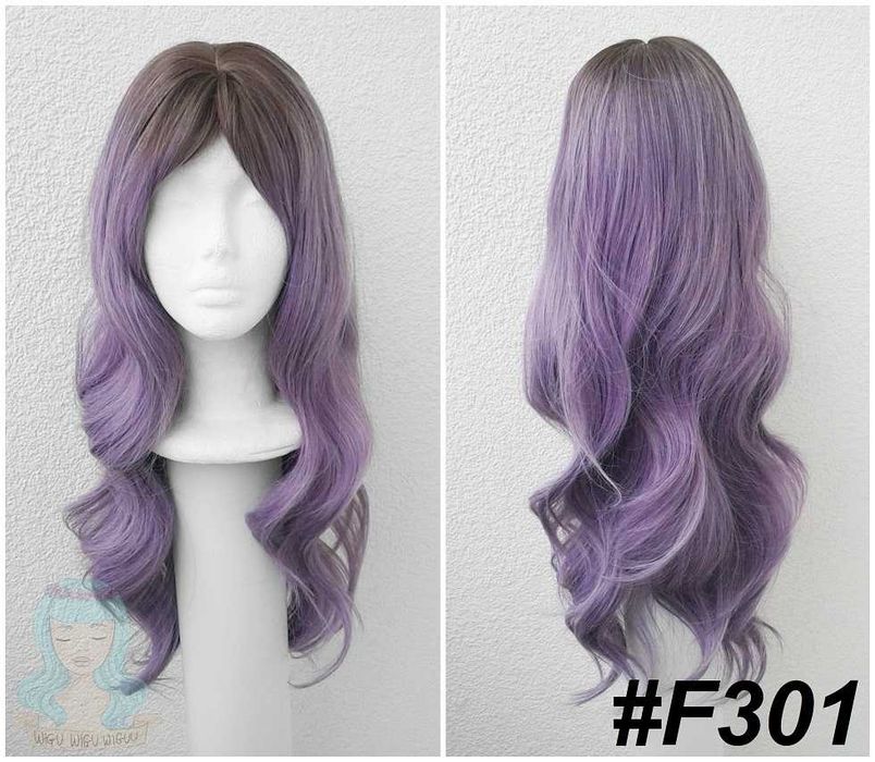 Fioletowa długa falowana peruka z grzywką odrostem cosplay wig fiolet