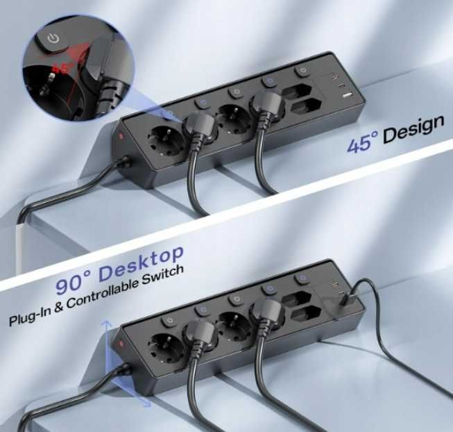 Listwa Zasilająca Kemelo 9w1 USB C 30W PD 3680W 4X SCHUKO KĄTOWA