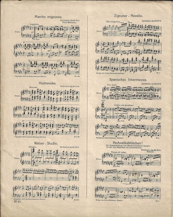 PIANO: Partitura Antiga de "Étincelles", de Moszkowski. Ed. Heinauer. Carimbo Sassetti