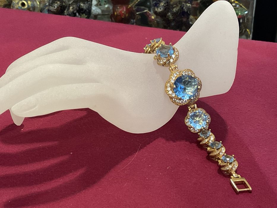 Pulseira prata banho ouro aquamarine 19 cm