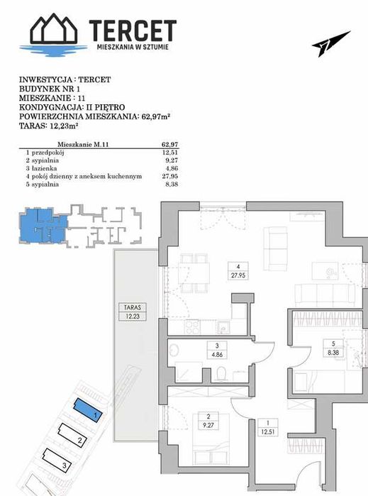Nowe mieszkanie 62,97 m² z balkonem | TERCET Sztum | nad jeziorem