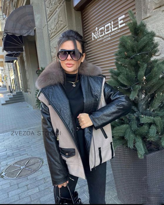 Зимова куртка трансформер косуха авіатор кашемір шкіра з хутром песця