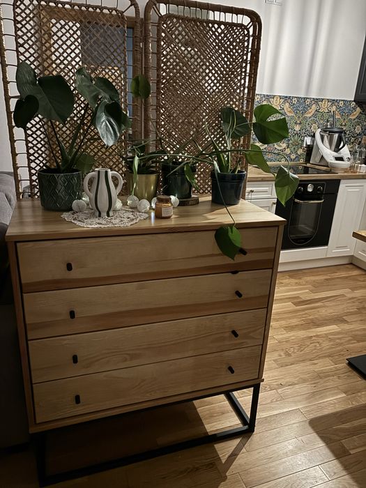 Komoda loft drewniana 4 szuflady - dąb + metal, stan bardzo dobry