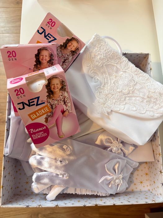 Alba komunijna sukienka buty wianek opaska rękawiczki torebka bolerko