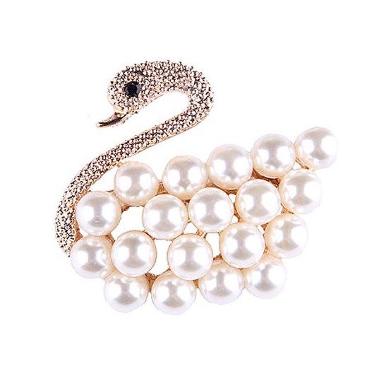 Broszka Łabędź Z Dużymi Perłami Złoto