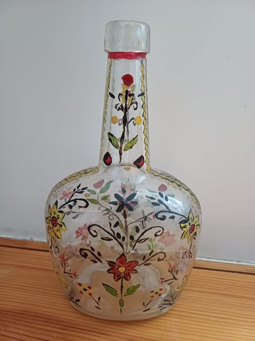 Garrafa de vidro antiga pintada à mão