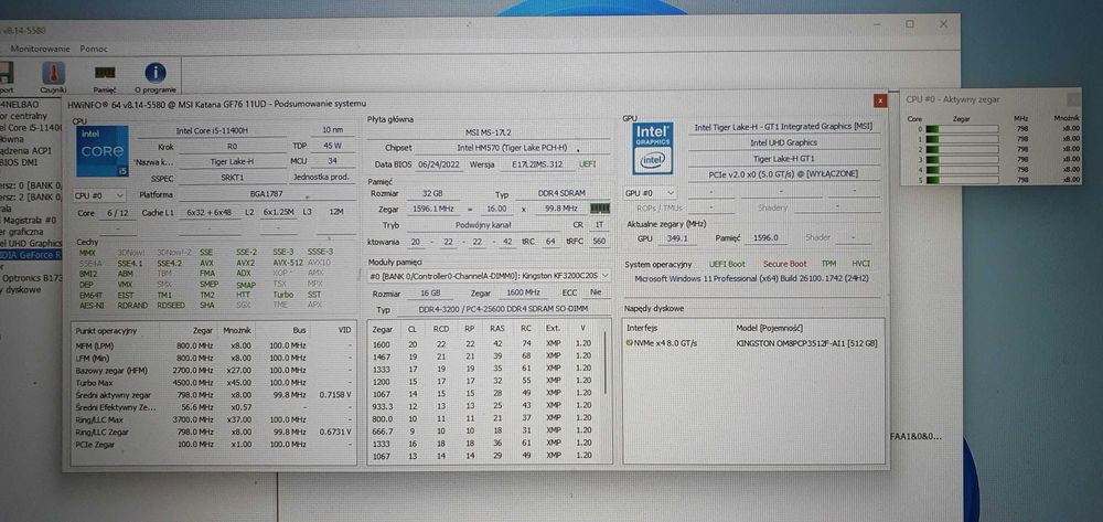 Laptop gamingowy MSI Katana GF76 11UD / 32GB RAM / 3050Ti / i5 / 17,3"