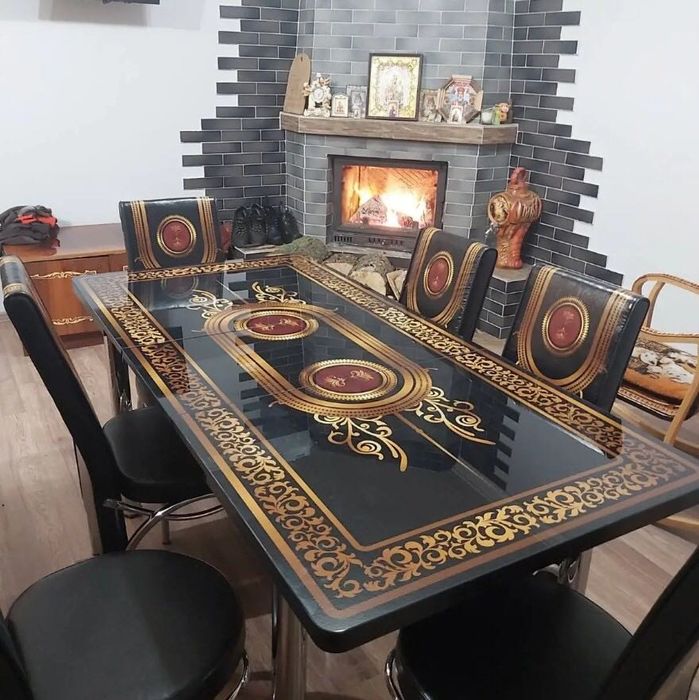 Скляний обідній розкладний стіл та стільці Обеденный кухонный стол