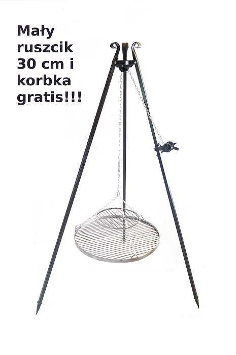 Grill ogniskowy na trójnogu 20*20mm  z wiszącym rusztem 60 cm + Korbka