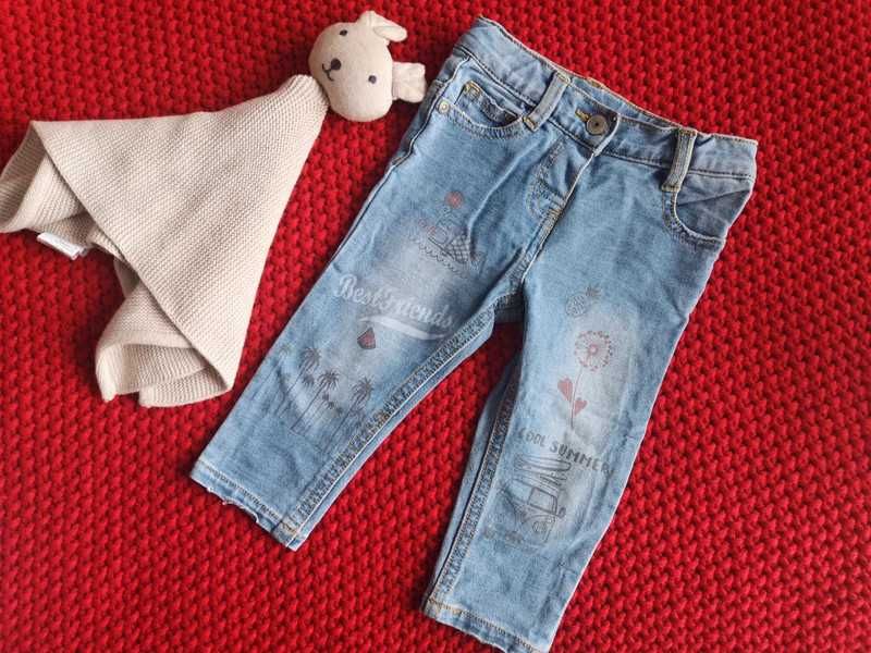 NUCLEO jeansy z streczem wakacyjne wzory 74-80 cm 9-12m.