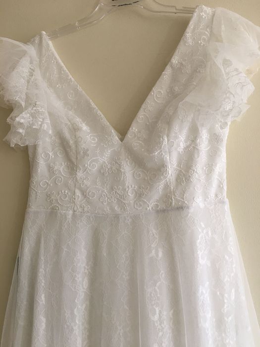 suknia ślubna boho kolor ivory rękawek koronka CYWILNY L 40