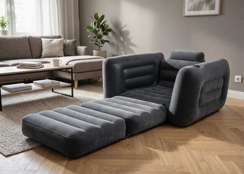NOWY Dmuchany Fotel 2w1 Materac Do Spania Rozkładany Welurowy 224x117 Cm Z Uchwytem Na Napój