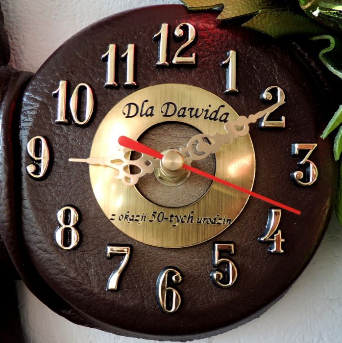 Obraz + zegar ze skóry - rękodzieło na prezent + GRAWER