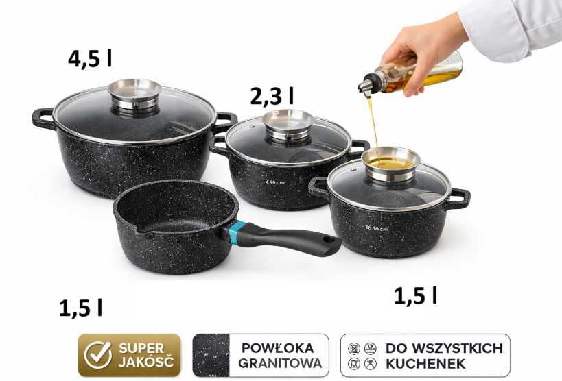 Zestaw garnków granitowych 4 garnki + rondel indukcja gaz piekarnik
