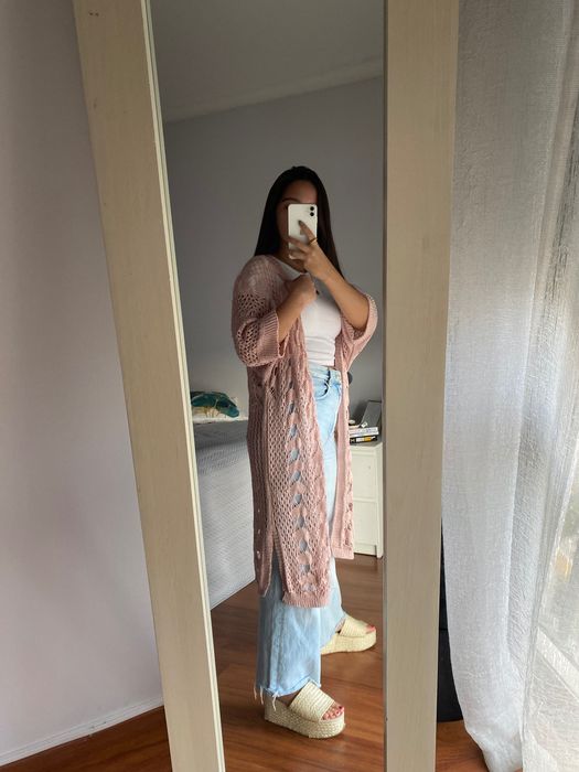 Casaco/colete senhora comprido malha rendilhado