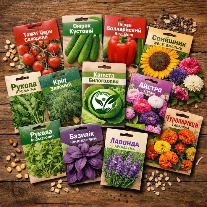 Набір насіння овочів, зелені, квітів з різних упаковок підбераємо