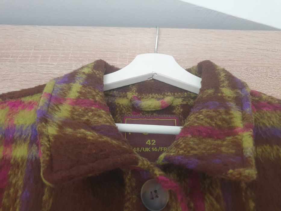 Brązowa w kratkę kurtka, żakiet, klasyczna, PageOne, roz. 42