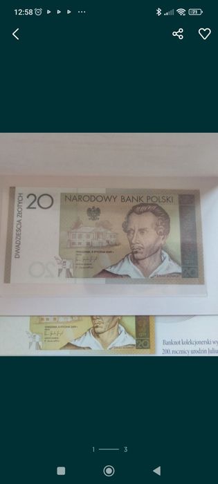Banknot kolekcjonerski Juliusz Słowacki 20 zł 2009 rok.