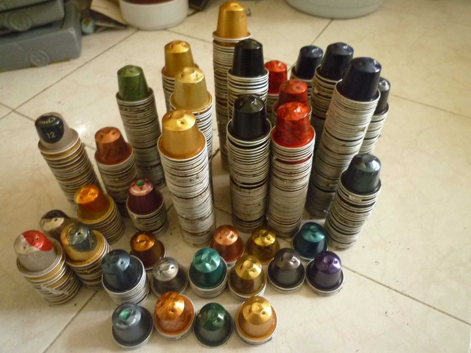 Empty and clean Nespresso capsules in various colors for crafts