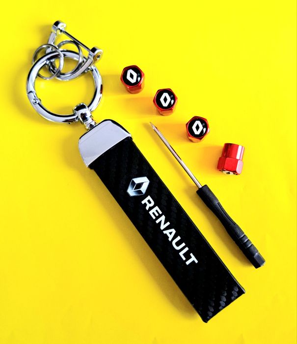 *NOWY* Breloczek logo RENAULT + Nakrętki na wentyle czerwone tuning