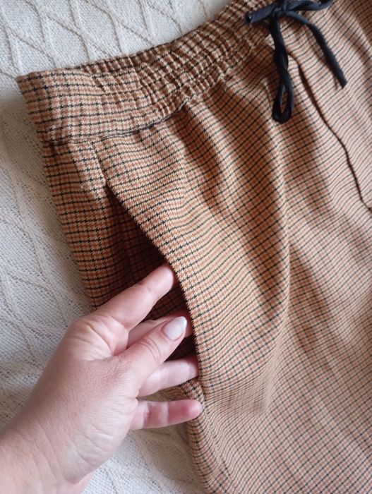 ZARA XL szerokie beżowe brązowe spodnie w kratkę