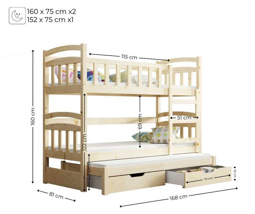 Piętrowe łóżko trzyosobowe DAWID w różnych kolorach! Super oferta!