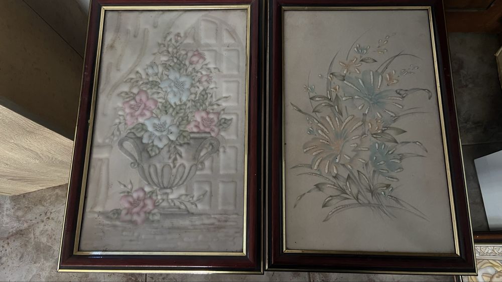 3 quadros  de ceramica pintados a mao