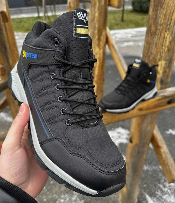 Мужские Зимние Кроссовки на Меху Черные с белым Высокие Ботинки