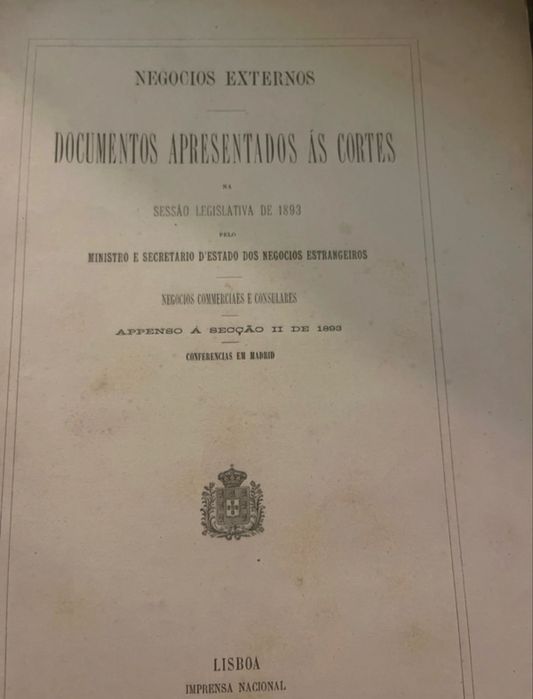 Lote de 7 volumes documentos apresentados as Cortes 1893
