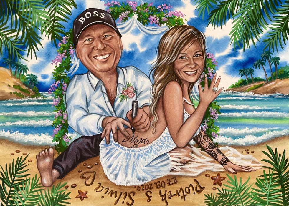 Karykatura ze zdjęcia. Obraz olejny na plótnie.Portret.