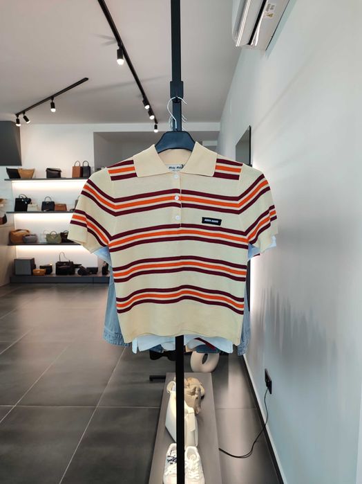 Поло Miu Miu Silk And Cotton Knit Polo Shirt cream