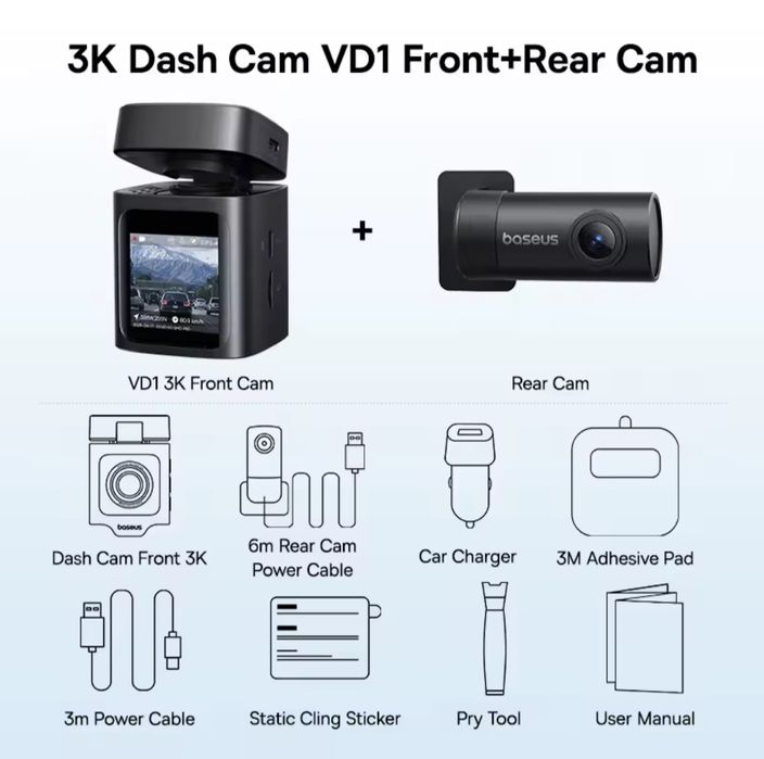 Вiдеореестратор Baseus 3K Dash Cam + Rear Cam