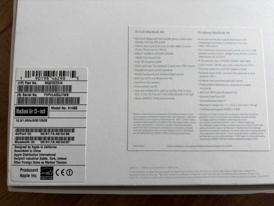 Laptop MacBook Air 13” 2017 128GB 8GB RAM + myszka Magic Mouse 2