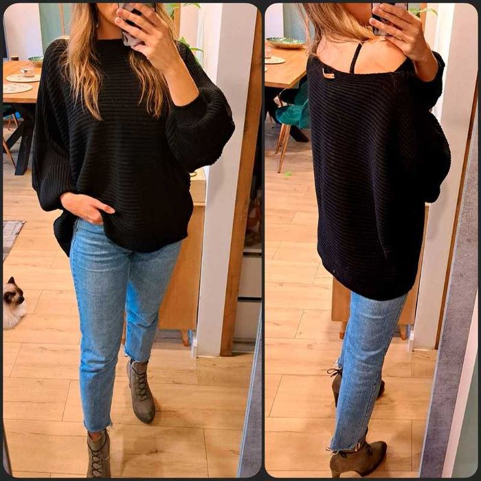 Ola Voga szeroki oversize sweter czarny bufiaste rękawy r. 46/48