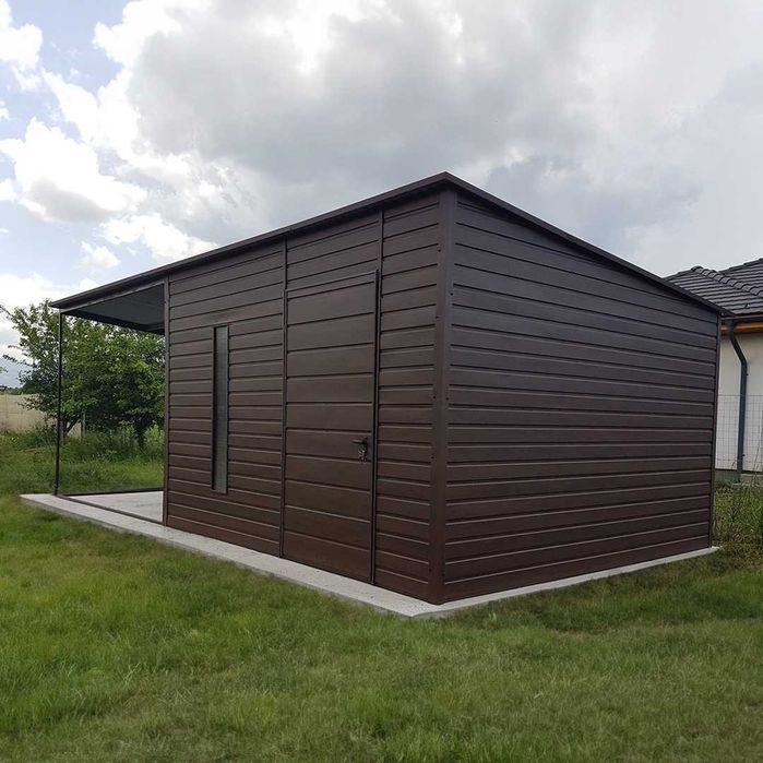 Domek ogrodowy 3,6×3,6m + Wiatka Okno Drzwi – ciemny brąz matowy