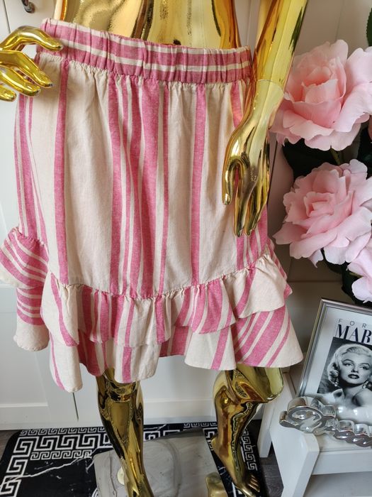 Lniana przewiewna spódnica w pasy z falbanami natural Striped Mini Skirt R.42