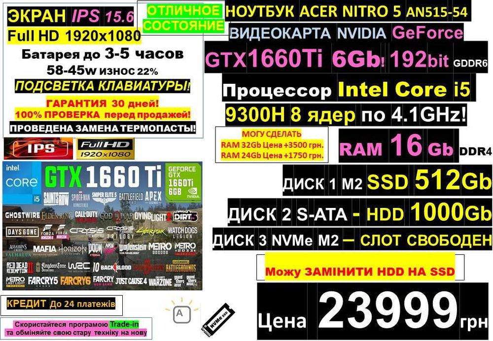 150+ Ноутбуків ℹ️ACER NITRO 5ℹ️GTX1660Ti 6Gb‼️Core i5/SSD 1.5Tb/RAM 16Gbℹ️Traid-In‼️РОЗТРОЧКА ОНЛАЙ через МОНО БАНК‼️