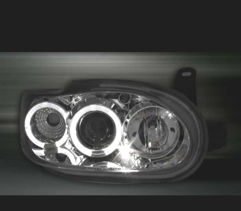 FARÓIS FRONTAIS ANGEL EYES PARA FORD ESCORT 95-99. FUNDO CROMADO