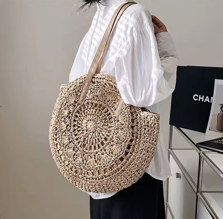 Duża torba shopper bag okrągłą słomkowa pleciona rattan boho torebka