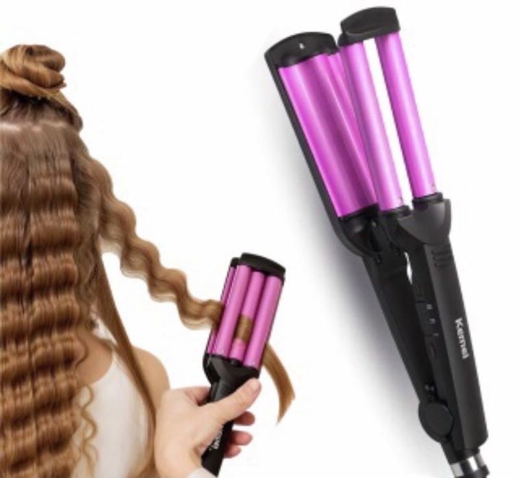 Плойка тройная для волос волна kemei 15 мм,щипцы для локонов