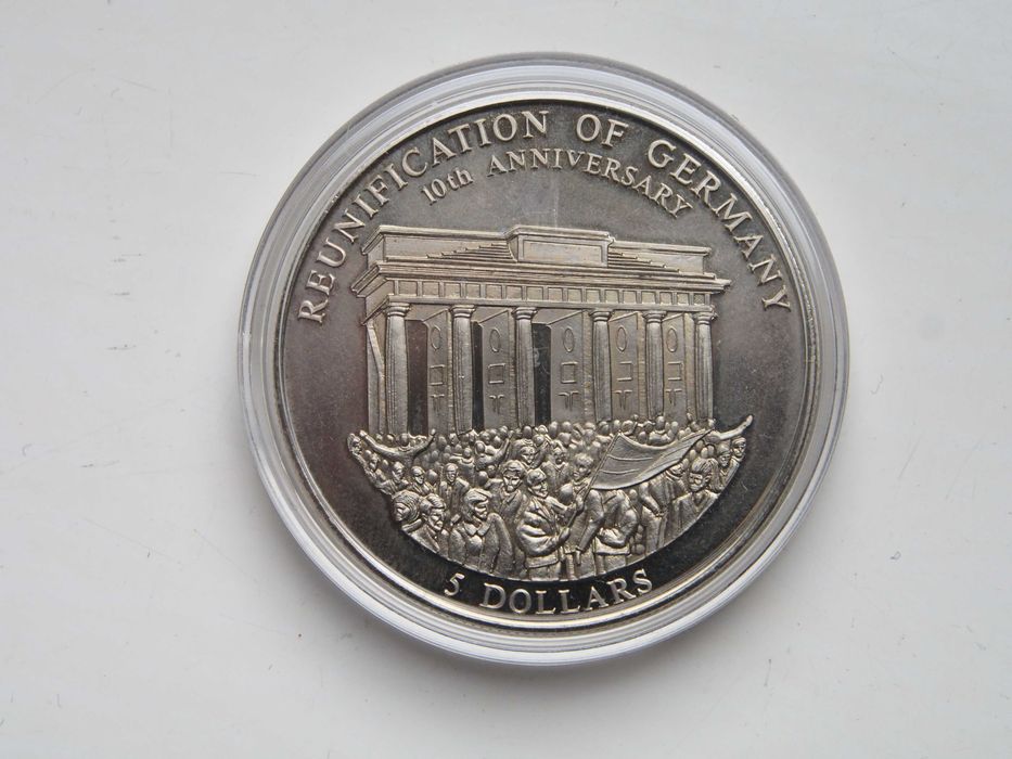 Moneta Liberia 5 dolarów, 2000 10. rocznica zjednoczenia Niemiec