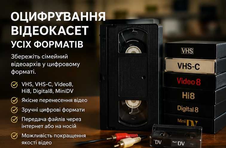 Оцифровка видеокассет, фото и аудио, слайдов, пленок 8мм, аудио бабин .  Оцифрування відеокасет, аудіокасет, бабін, слайдів, фото плівок.