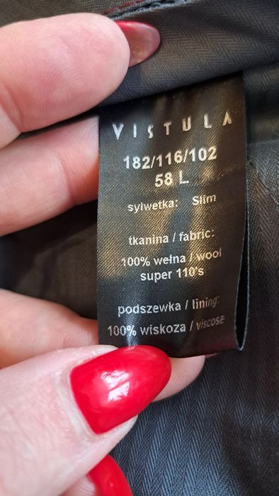 100% wełna 182/116/102 58 L Vistula garnitur slim  1 raz ubrany jak no