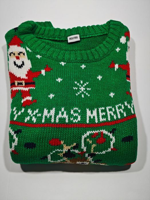 Świąteczny Sweter Dziecięcy Zielony Rudolf Bałwan Choinka 110/116