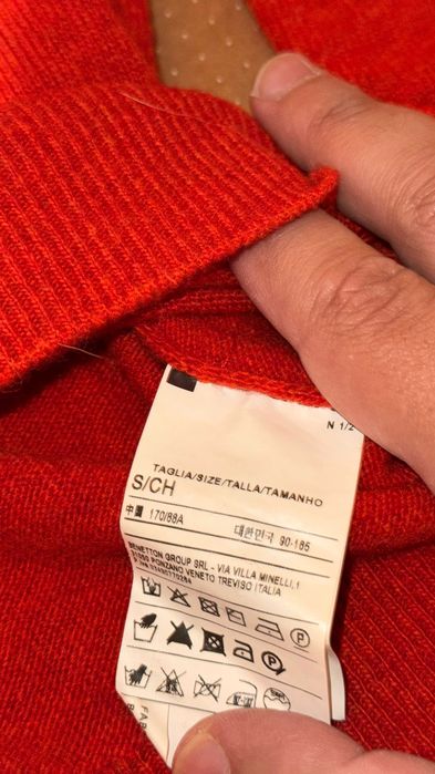 Golf Benetton S męski, wełna merino, czerwony – jak nowy
