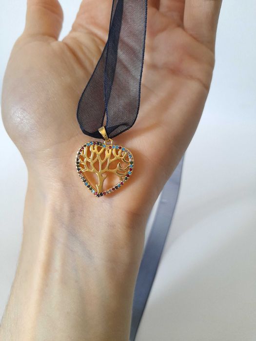 Gargantilha árvore da vida coração aço inoxidável dourado e cristais