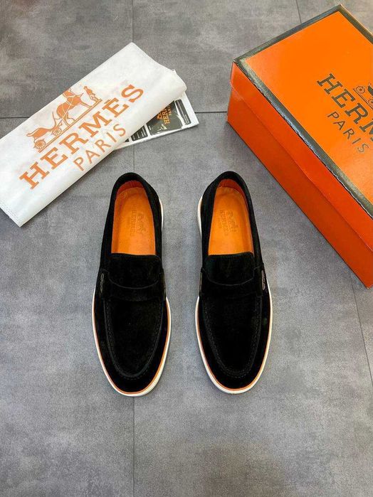 Чоловічі лофери Hermes, натуральна замша, чорні, гнучка гумова підошва, Китай, розміри 40-45