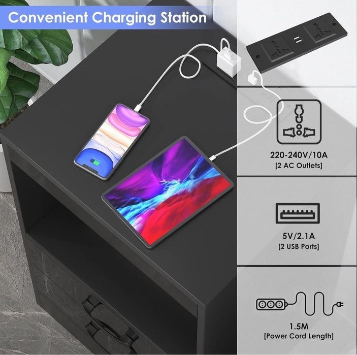 Mesa de Cabeceira com LED RGB e Tomadas USB