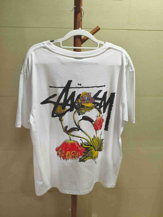 Stussy Męska Letnia Biała Luźna Koszulka z Nadrukiem, Rozmiar L