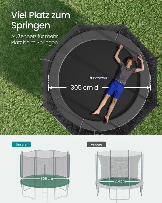 Nowa trampolina ogrodowa SONGMICS 305 cm z siatką i drabinką